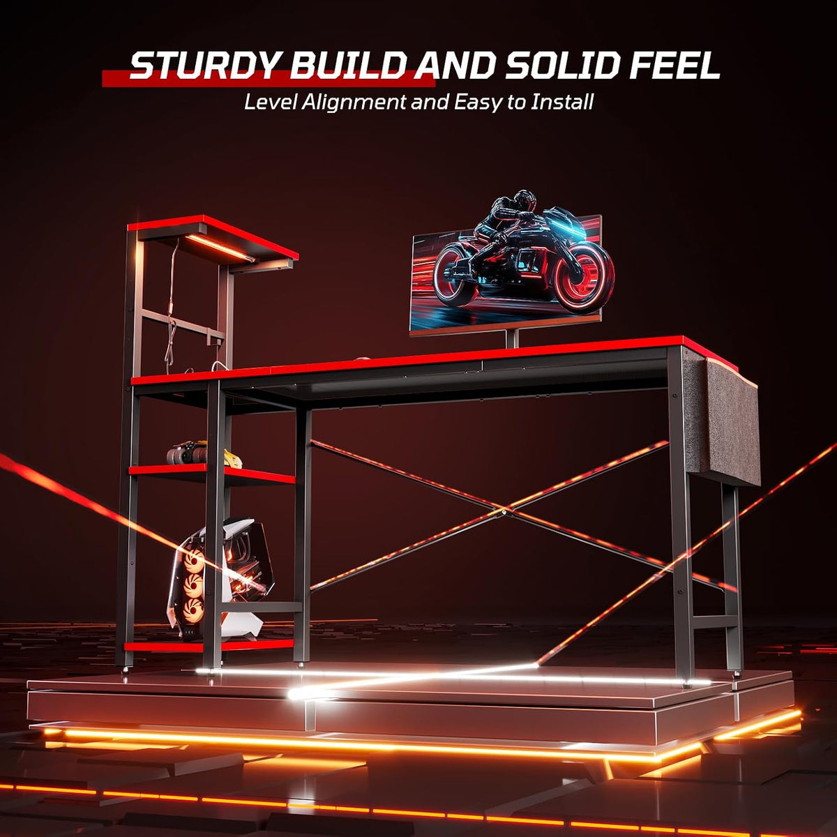 Bestier Gaming Desk with Power Outlets, 61 Inch Large Led Gamer Desk with 4 Tiers Reversible Shelves, PC Gaming Table with Headset Hook & Side Storage Bag for Bedroom (Black 3D Carbon Fiber)