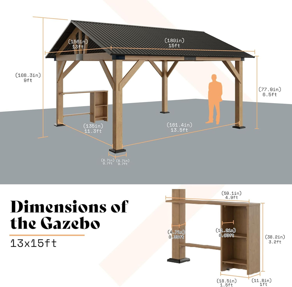 AMERLIFE 13x15 ft Spruce Wood Gazebo, Outdoor Gazebo with Bar Storage, Hardtop Wooden Paviloin with Metal Steel Gable Roof, Patio, Garage, Black + Natural Wood