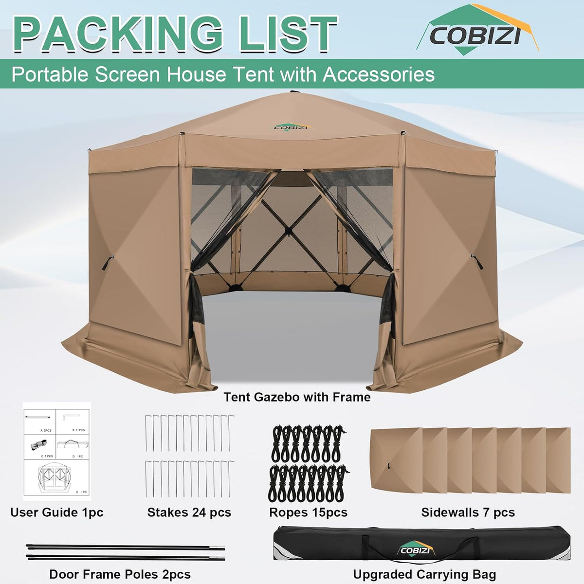 COBIZI 15x15 FT Pop Up Gazebo - Canopy Tent, Large Gazebos On Clearance with Sidewalls,carpas para Patio,Screened in Gazebo,Portable Screen Tents for 12-15 Persons Outdoor Camping, Backyard, Khaki