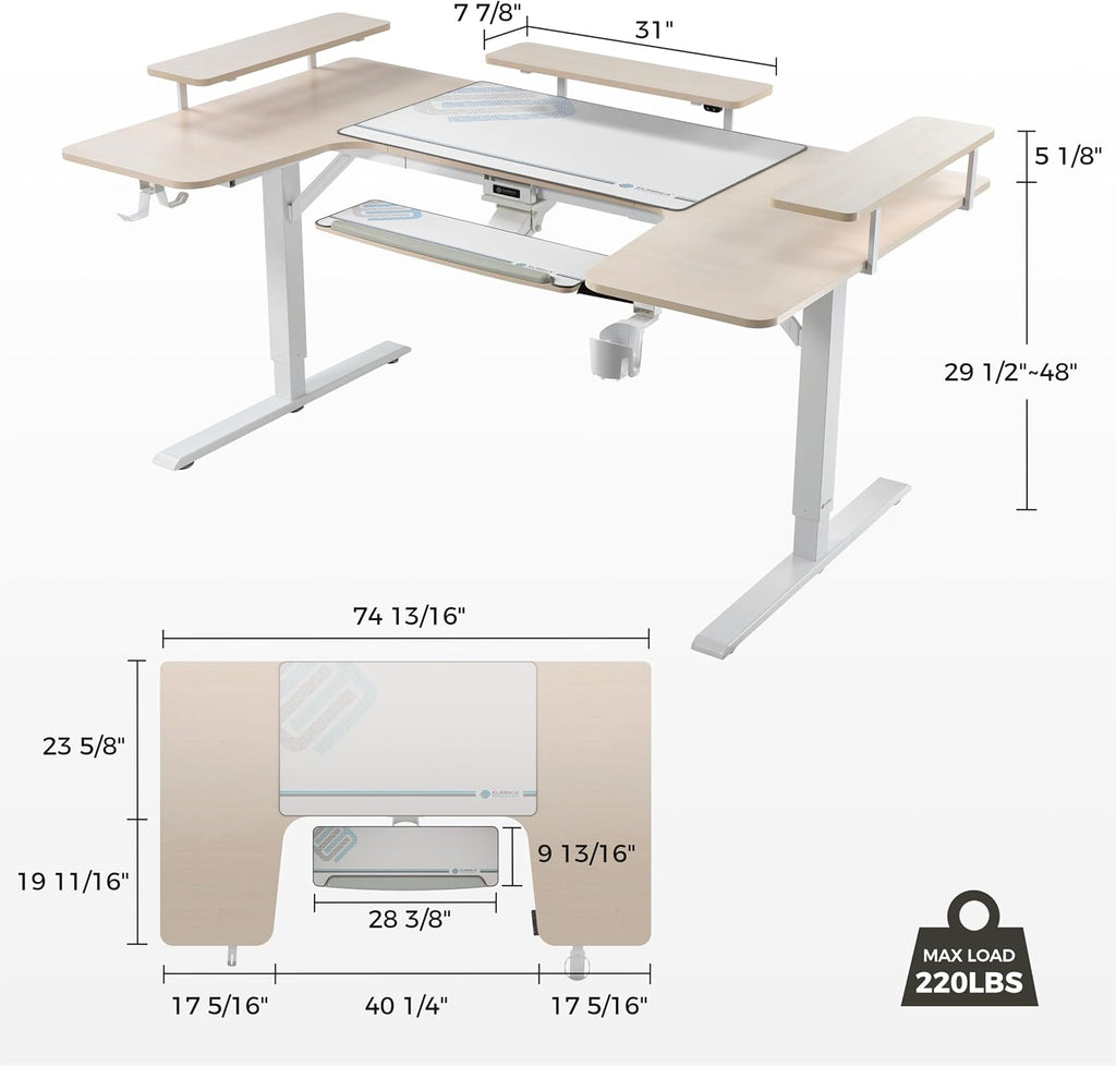 EUREKA ERGONOMIC Gaming Standing Desk with Keyboard Tray,74' U Shaped Studio Desk for Recording&Live,Electric Height Adjustable Desk w LED Convertible Shelves,Maple