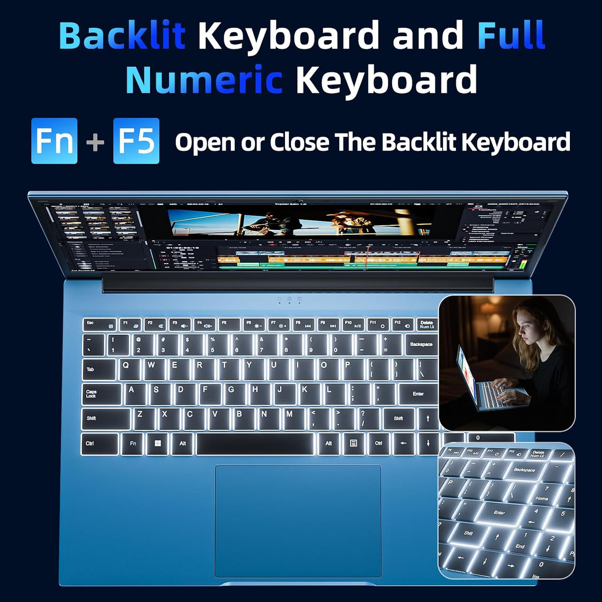 15.6 Inch Laptop Computer, Laptops with 16GB RAM 1024GB SSD, Core i3-10100Y CPU(Up to 3.9GHz), IPS FHD Display, Backlit Keyboard, WiFi 6, 53.2WH Battery, 180° Viewing, Type-C, HDMI