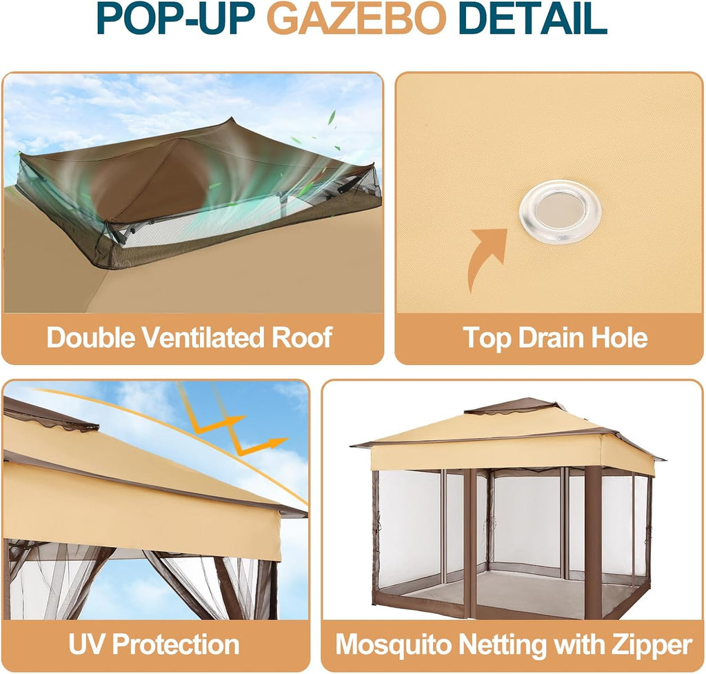 COBIZI 11x11 Pop Up Gazebo Canopy Tent Easy Up Outdoor Gazebo Waterproof Upgrade Portable Gazebo with Mosquito Nettings, Double Vented Roof and Carry Bag for Patio Garden(Brown)