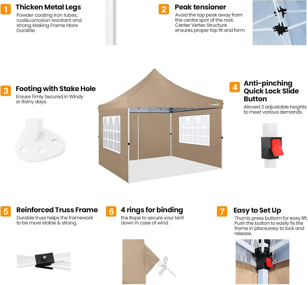 COBIZI 10x10 Pop Up Canopy with 4 Sidewalls, Pop up Tent 10x10 for Parties, Backyard, Commercial, Waterproof and Portable Instant Shelter UV50+ Ez Outdoor Canopy Gazebo with 4 Sandbags