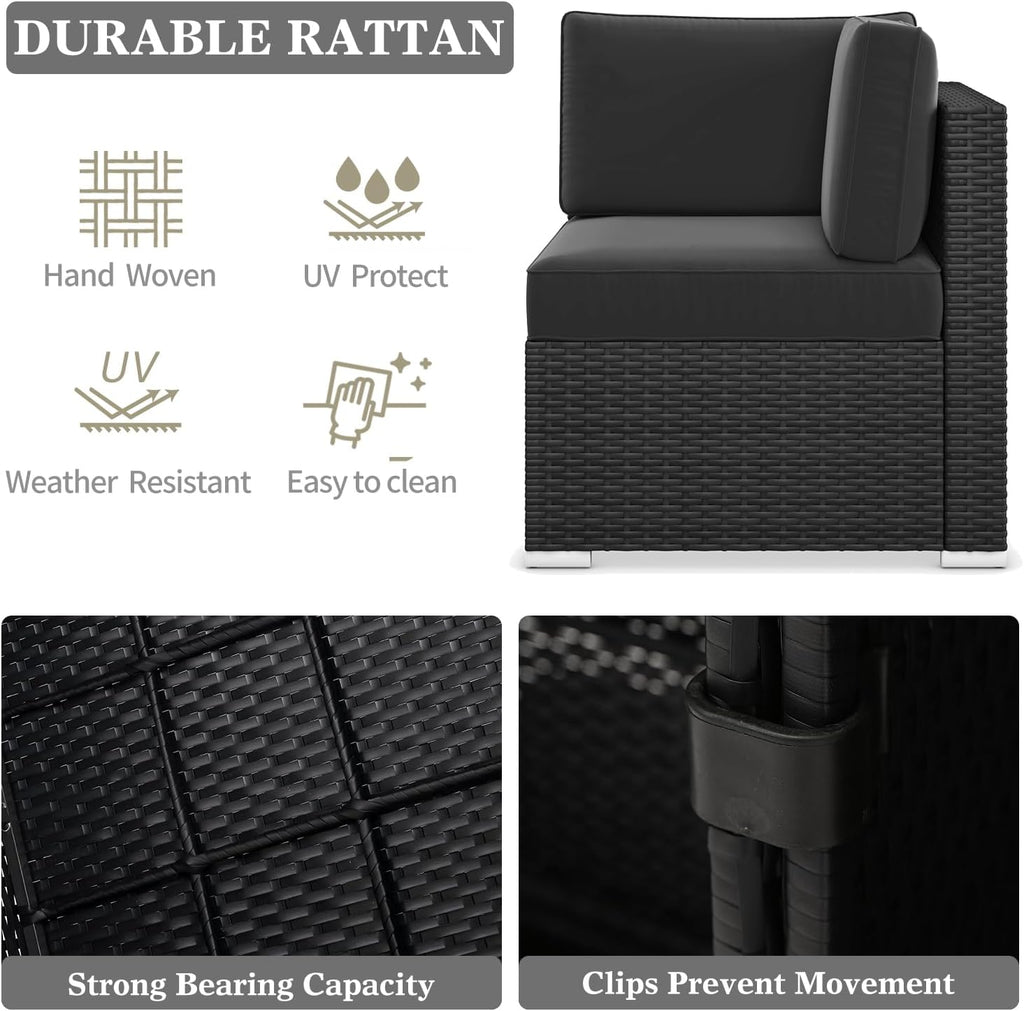 LayinSun 11 Pieces Patio Furniture Set with Fire Pit Table, Black Rattan Modular Sectional Outdoor Conversation Sofa Set, Swivel Rocking Chairs Set
