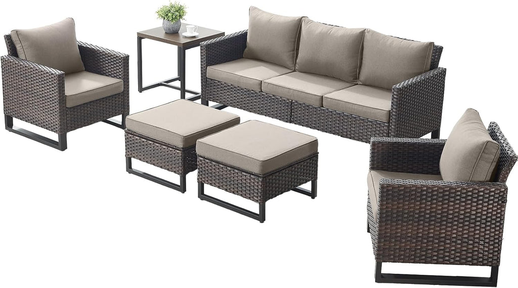 Rilyson Luxury Wicker Outdoor Patio Furniture Set - 6 Piece Patio Conversation Set with 2 Armrest Chairs,2 Rattan Ottoman,1 Couch and 1 Metal Side Table for Outside Porch Deck Backyard(Brown/Grey)