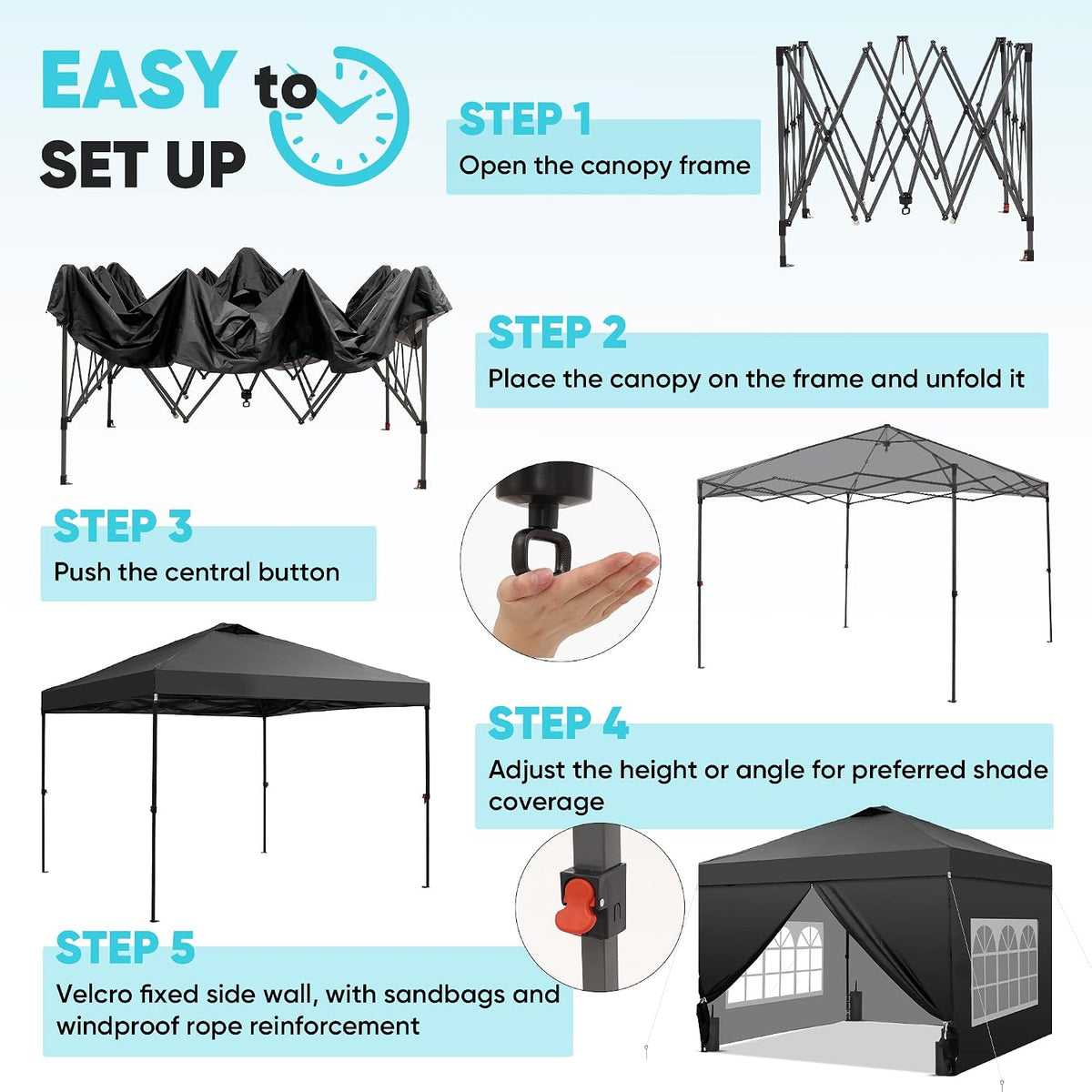 GDY 12x12 Pop Up Canopy Tent with 4 Sidewalls, Easy Set up with One Push Lift Gazebo with Wheel Bag and4 Sandbags,Carpas for Events, Parties,Camping, Black.