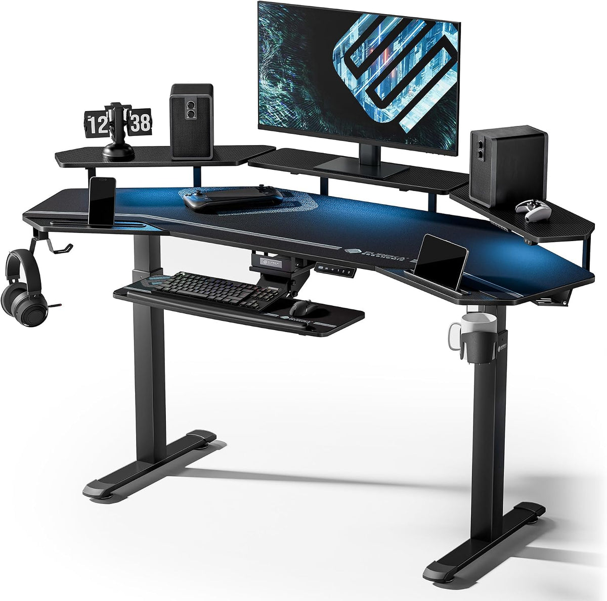 EUREKA ERGONOMIC Gaming Desk, Standing Desk w Keyboard Tray, 72' Wing Shaped Music Studio Table with LED Shelves, Gaming Recording Live Stream, Slot Design