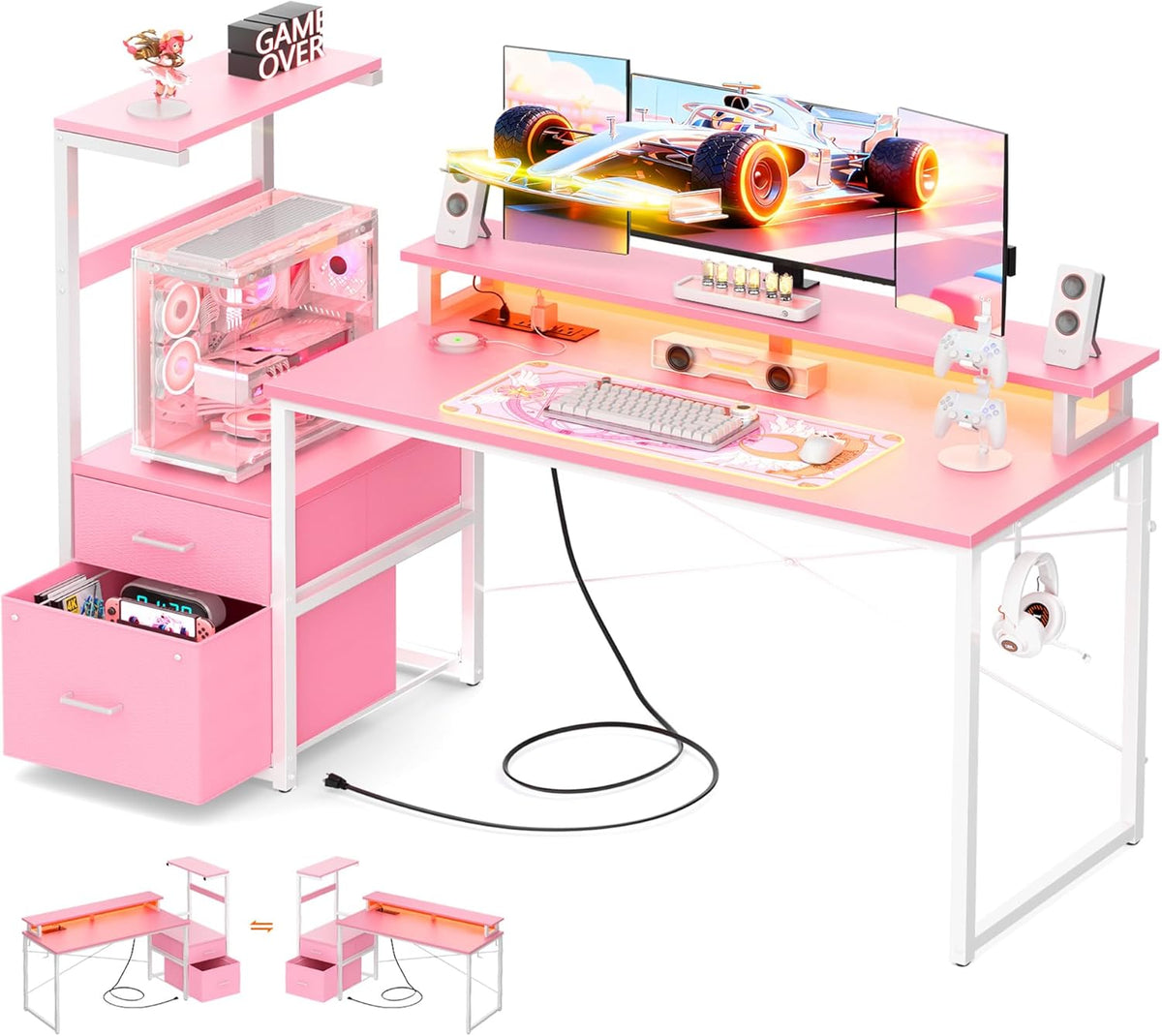 Aheaplus Gaming Desk with LED Strip & Power Outlet, 59Inch Reversible Computer Desk with Monitor Stand & Storage Shelves, Home Office Desks with Fabric File Drawer, Gamer Table PC Desk, Pink