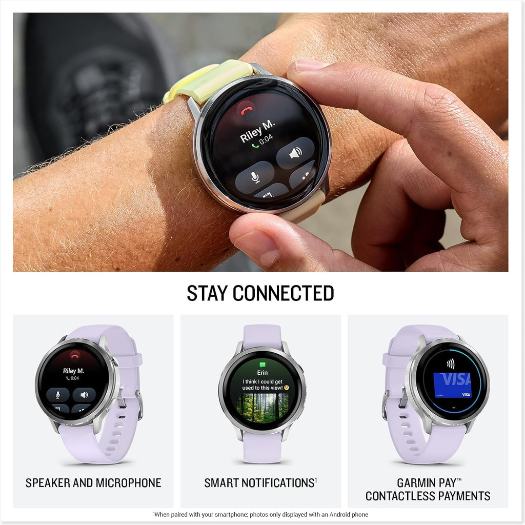 Garmin Venu 4 (41mm) GPS Smartwatch Silver with Periwinkle Silicone Band Bundle w/Deco Essentials Charging Dock, 3-Pack Dust Covers & 2-Pack 1.2' Screen Protectors