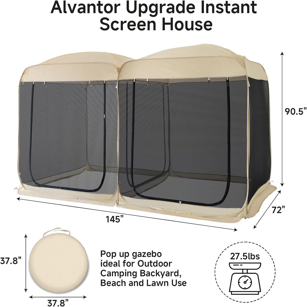 Alvantor® Screen House Room 2024 Upgraded 2 in 1 Screen Tent PoP Up Gazebo® with Mesh Mosquito Netting, Sun Shade Outdoor Canopy for Patio, Camping, Backyard and Outside Activities- 12' x 7.5', Beige