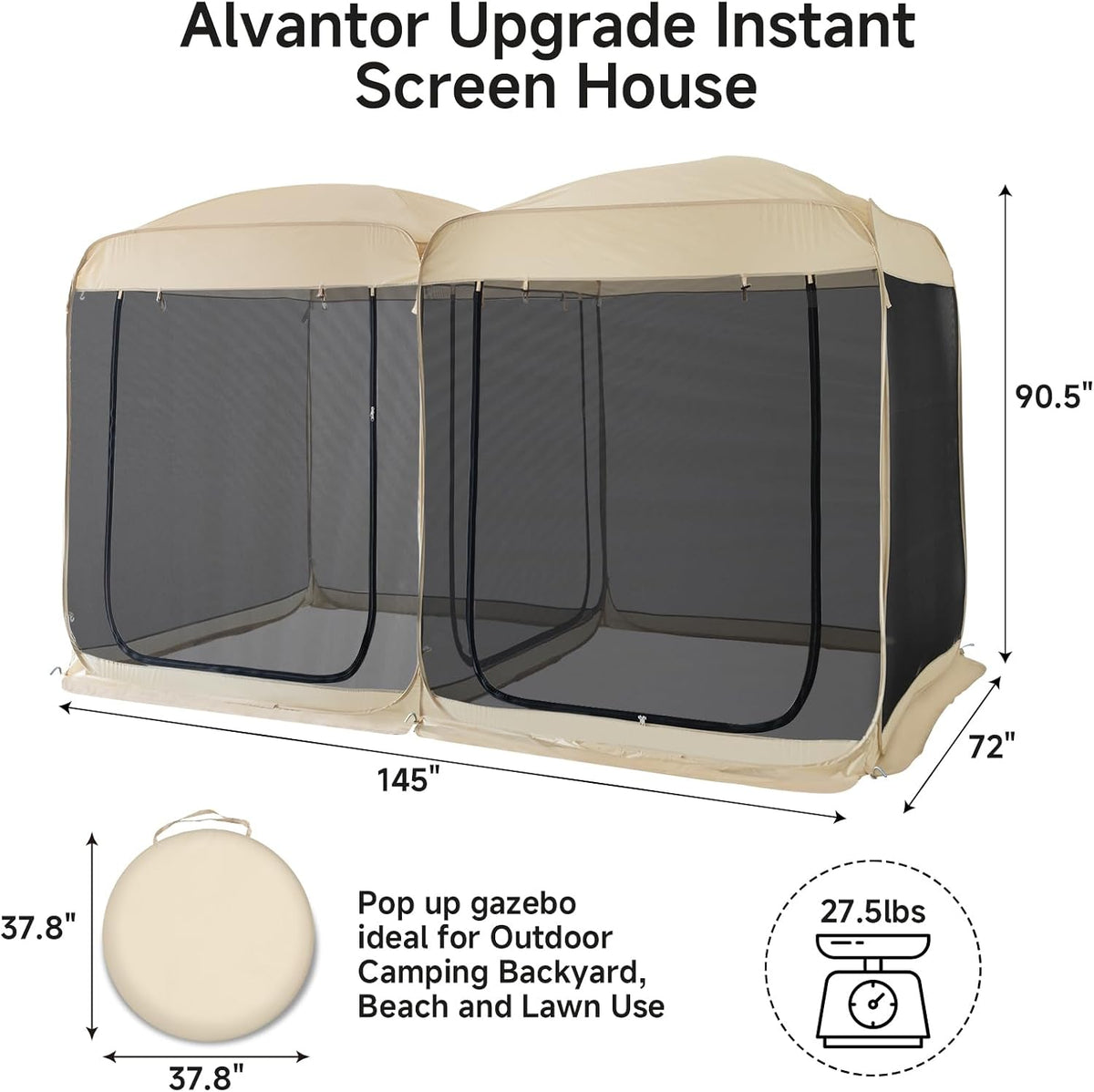 Alvantor® Screen House Room 2024 Upgraded 2 in 1 Screen Tent PoP Up Gazebo® with Mesh Mosquito Netting, Sun Shade Outdoor Canopy for Patio, Camping, Backyard and Outside Activities- 12' x 7.5', Beige