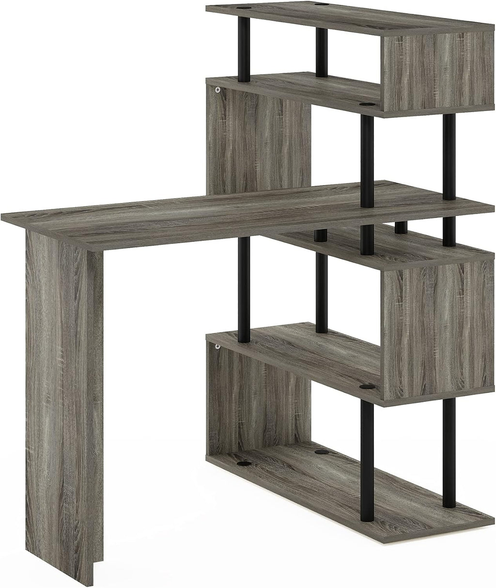 Furinno Classic L Shape Computer Desk, Gaming Desk, Office Desk with 5-Tier Shelves, 40' Wide, for Home Office, Study, Gaming, Grey Oak