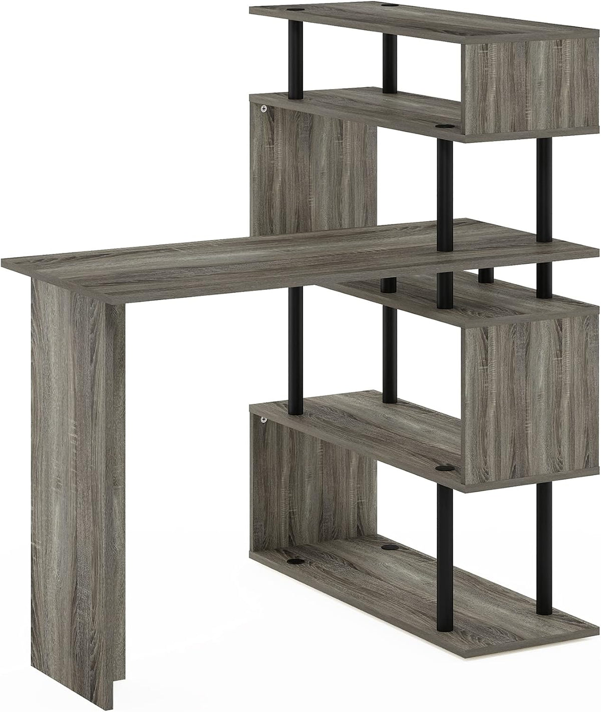 Furinno Classic L Shape Computer Desk, Gaming Desk, Office Desk with 5-Tier Shelves, 40' Wide, for Home Office, Study, Gaming, Grey Oak