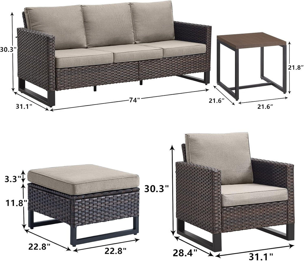 Rilyson Luxury Wicker Outdoor Patio Furniture Set - 6 Piece Patio Conversation Set with 2 Armrest Chairs,2 Rattan Ottoman,1 Couch and 1 Metal Side Table for Outside Porch Deck Backyard(Brown/Grey)