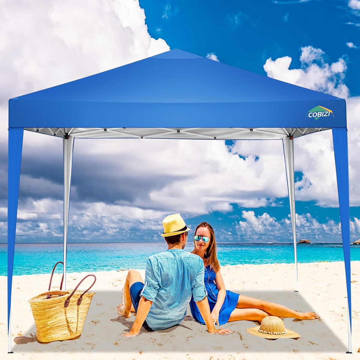 COBIZI 10x10 Pop Up Canopy Tent with 4 Sandbags, Easy Set Up Gazebo, Instant Outdoor Sun Shade &Waterproof Canopy with 8 Stakes,4 Ropes&Carry Bag, Tents for Parties, Beach, Backyard,Camping(Blue