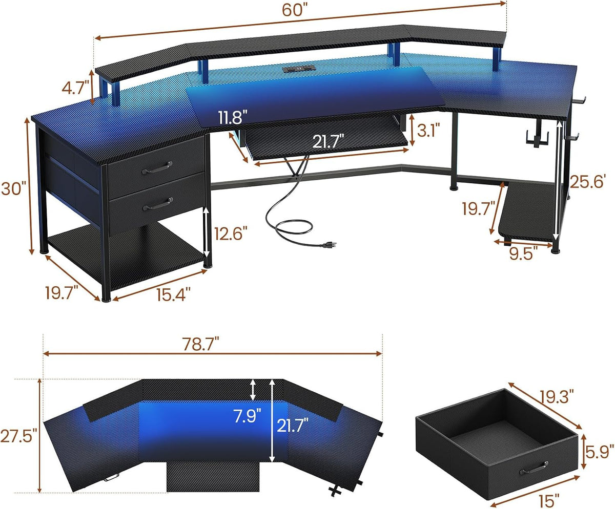 Itaar 79' Gaming Desk with 2 Fabric Drawers, Long Computer Desk with Power Strip & LED Lights, U Shaped Desks with Storage and Cup Holder, Large Gaming Table for Bedroom, Carbon Fiber Black