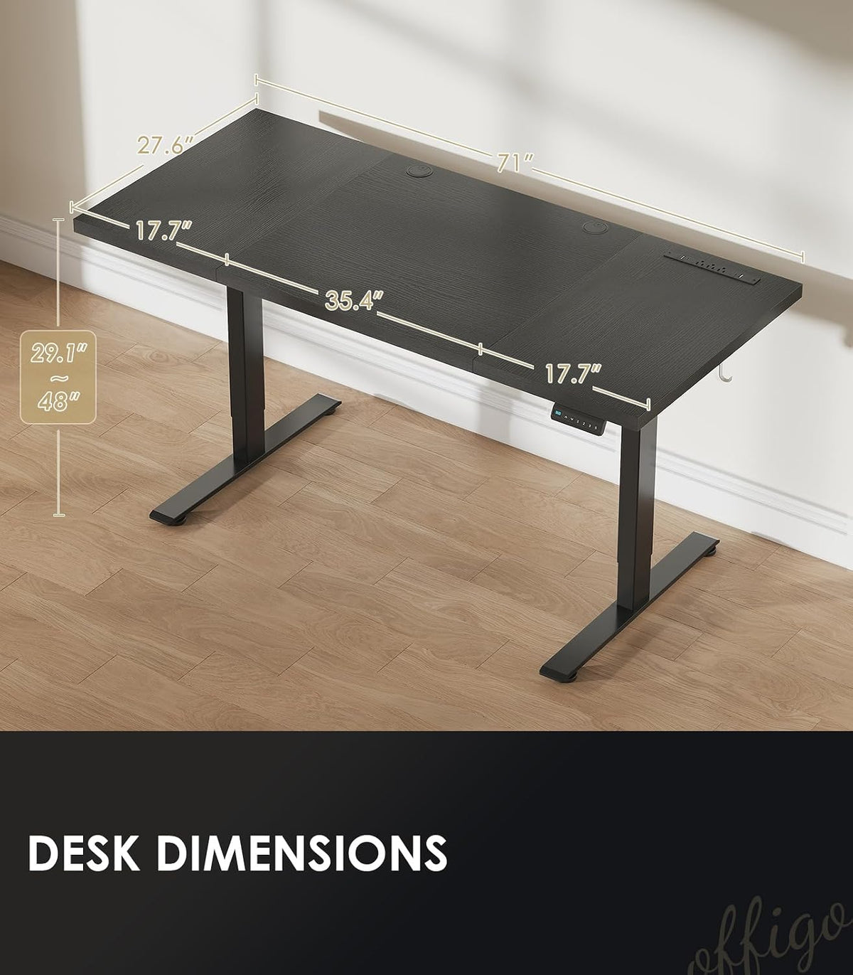OffiGo 71 Inch Executive Electric Standing Desk, Height Adjustable Desk with Power Outlet & 1.38' Thick 3-Piece Desktop, Sit Stand Computer Desk for Home, Office, Conference Room, Black
