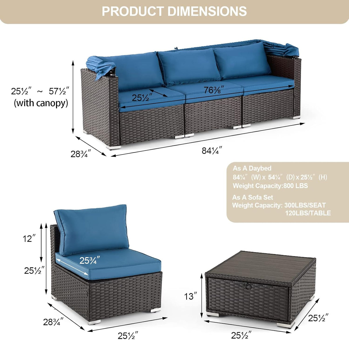 6 Pieces Patio Furniture Sets Outdoor Sectional Sofa Set Rattan Daybed with Retractable Canopy, Adjustable Backrest, Storable Tea Table Rectangle Sunbed for Backyard Garden Poolside(Blue)