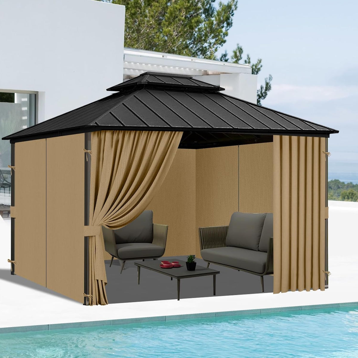 12'x12' Gazebo Curtains Outdoor Waterproof, 4-Panels Sidewalls with Zipper, Universal Replacement for Patio Privacy Screen(Only Curtains)
