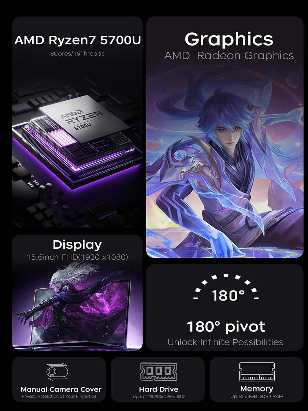 MALLRACE 2025 Gaming Laptop,15.6' Display, AMD Ryzen 7 5000 Series (8C/16T, up to 4.3GHz), 16GB RAM, 512GB NVMe SSD,Radeon RX Vega 8 Graphics and WiFi 6 for Smooth Gaming and Multitasking