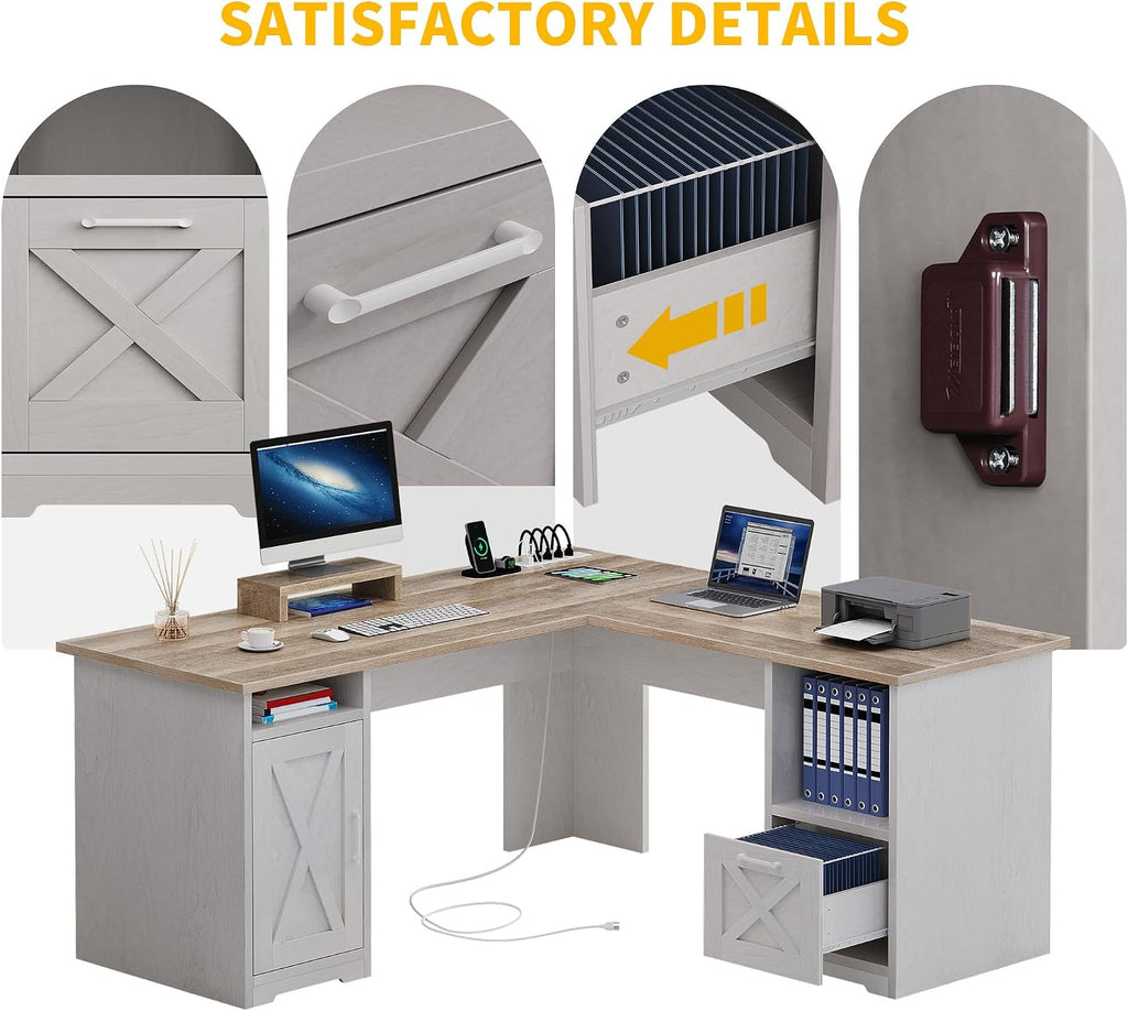 DWVO L Shaped Desk with File Drawer, 60' Corner Computer Desk with Power Outlets, Home Office Desk with Monitor Stand & Storage Shelves & File Cabinet, Grey Wash