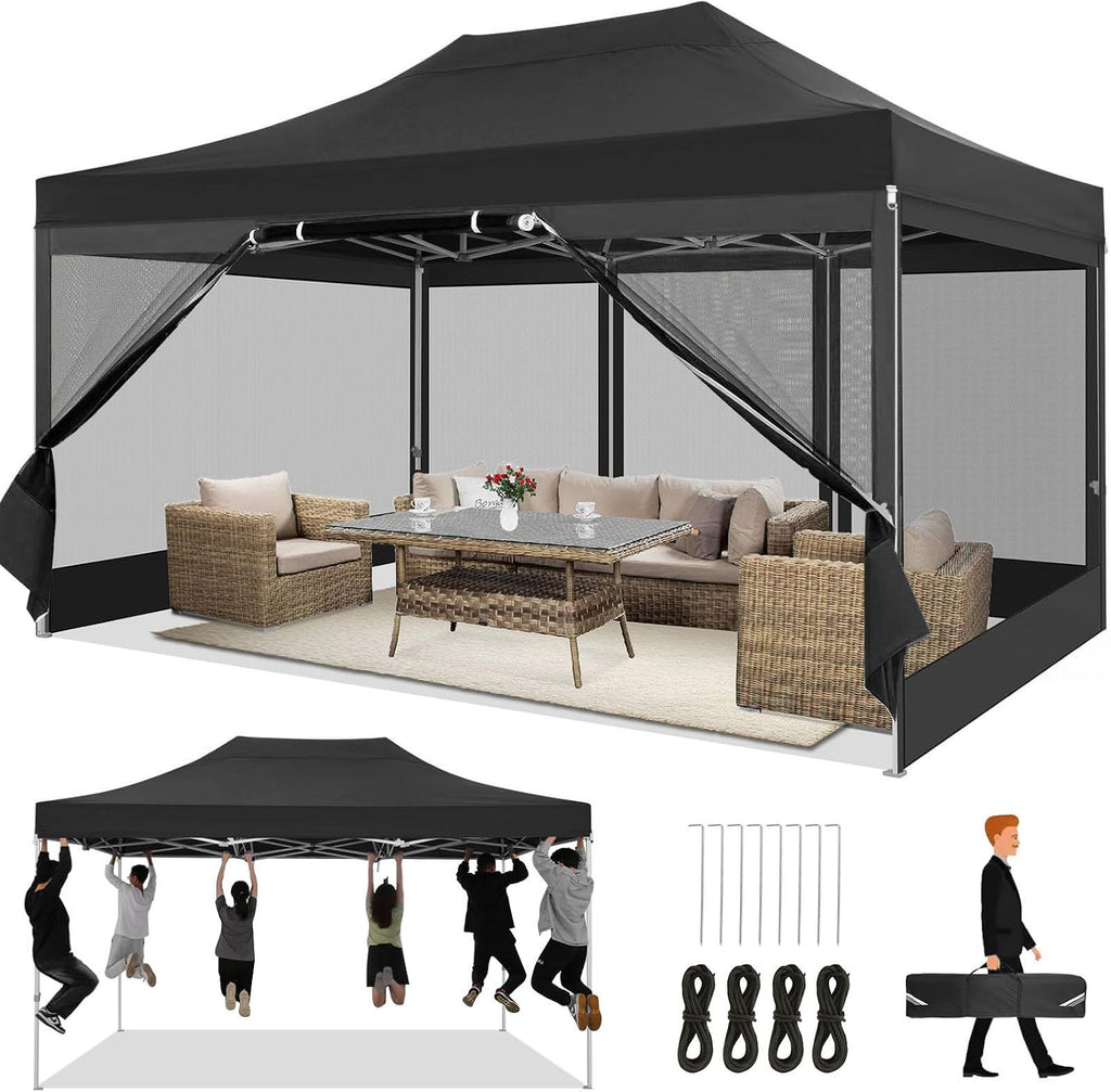COBIZI 10x15 Heavy Duty Pop Up Canopy with 4 Sidewalls, Commercial Gazebo Party Tent with Mosquito Netting Wall Easy Set Up Outdoor Instant Screen Tent for Backyard, Patio, Garden, Black