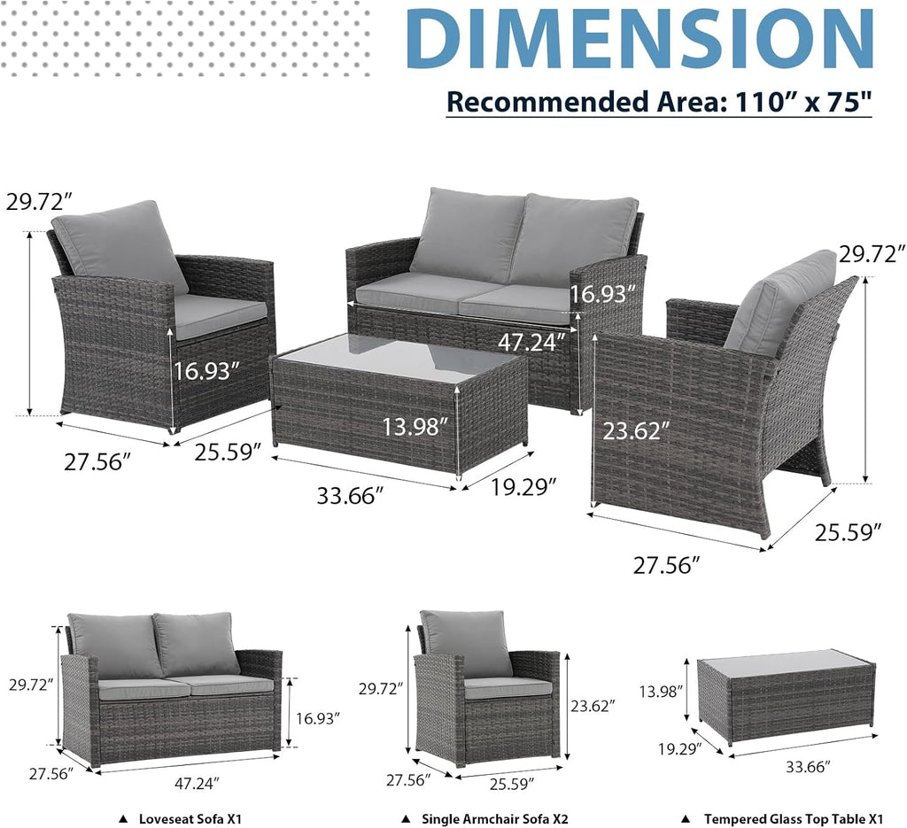 JOIVI Patio Furniture Set, 4 Piece Outdoor Patio Conversation Set, All-Weather PE Rattan Wicker Sectional Patio Sofa Set with Tempered Glass Coffee Table, Light Gray
