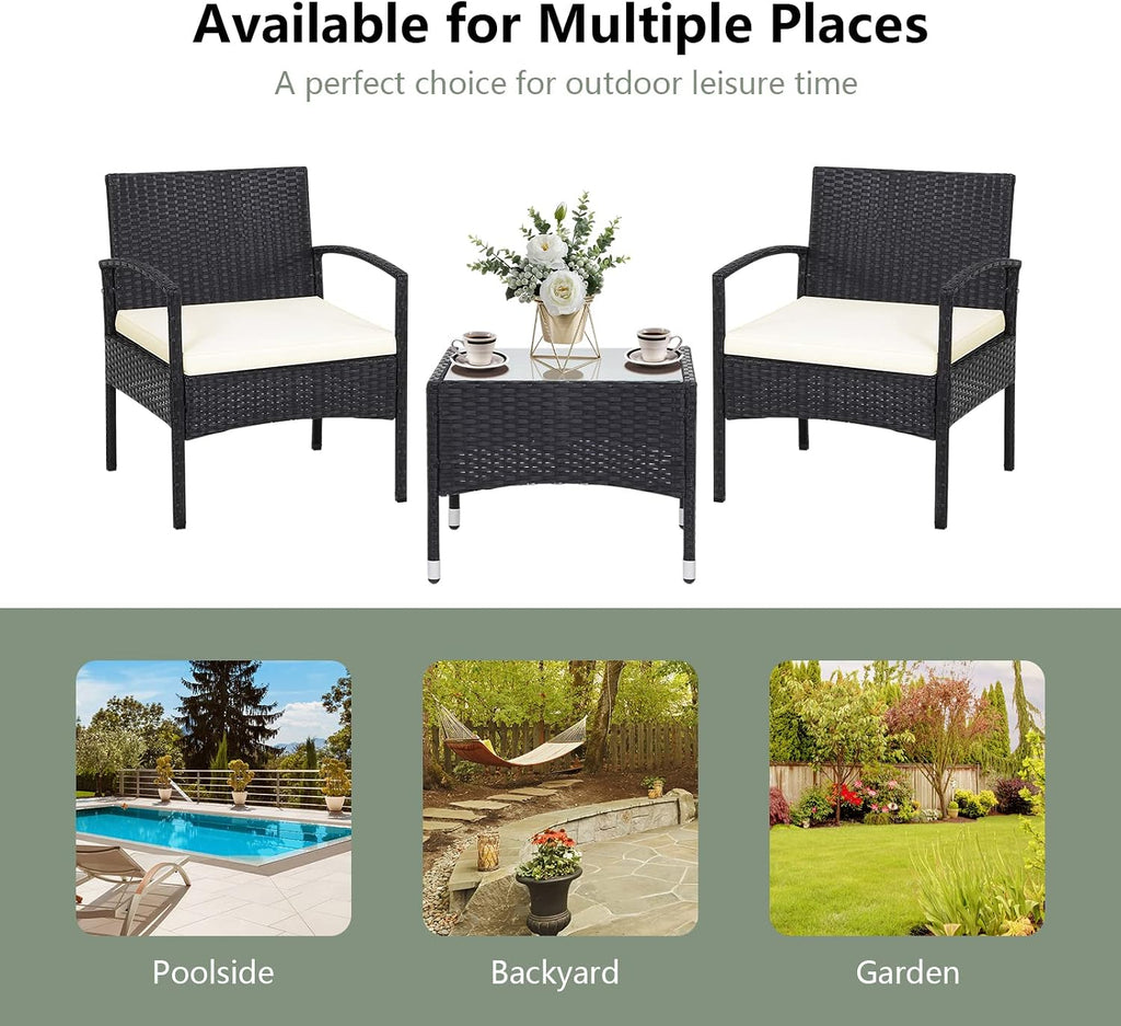RELAX4LIFE 3-Piece Patio Furniture Set - Rattan Conversation Set, Wicker Bistro Set w/2 Chairs, Glass Coffee Table, Steel Frame, Outdoor Chairs Set for Yard Balcony, Front Porch Furniture (Beige)