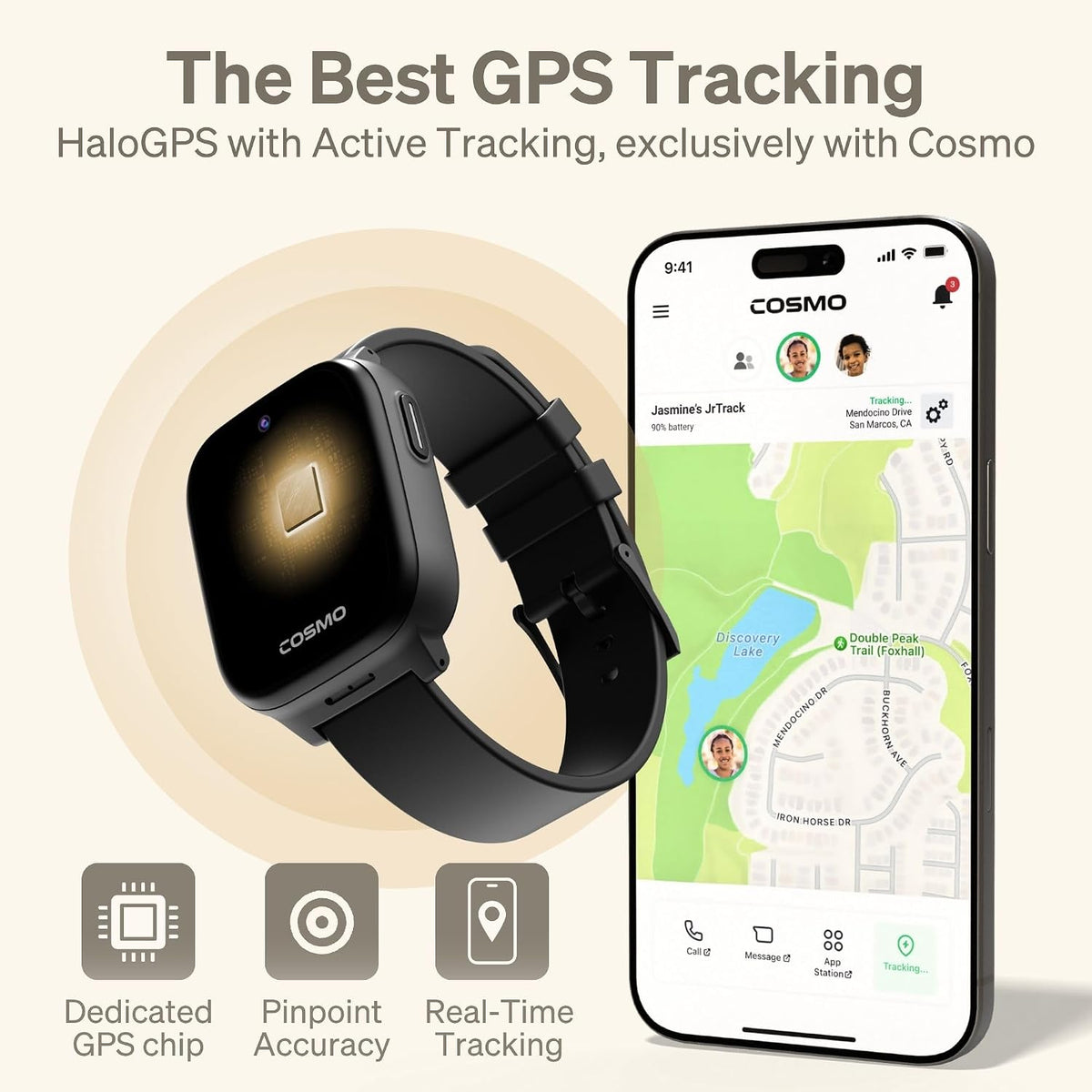 JrTrack 5 Kids Smart Watch by Cosmo | Best Kid-Safe Phone Watch | Precision Real-Time GPS Tracking | Call, Text, Activity, School Settings | Spotify Music | Parental Controls | SOS & Safety Alerts
