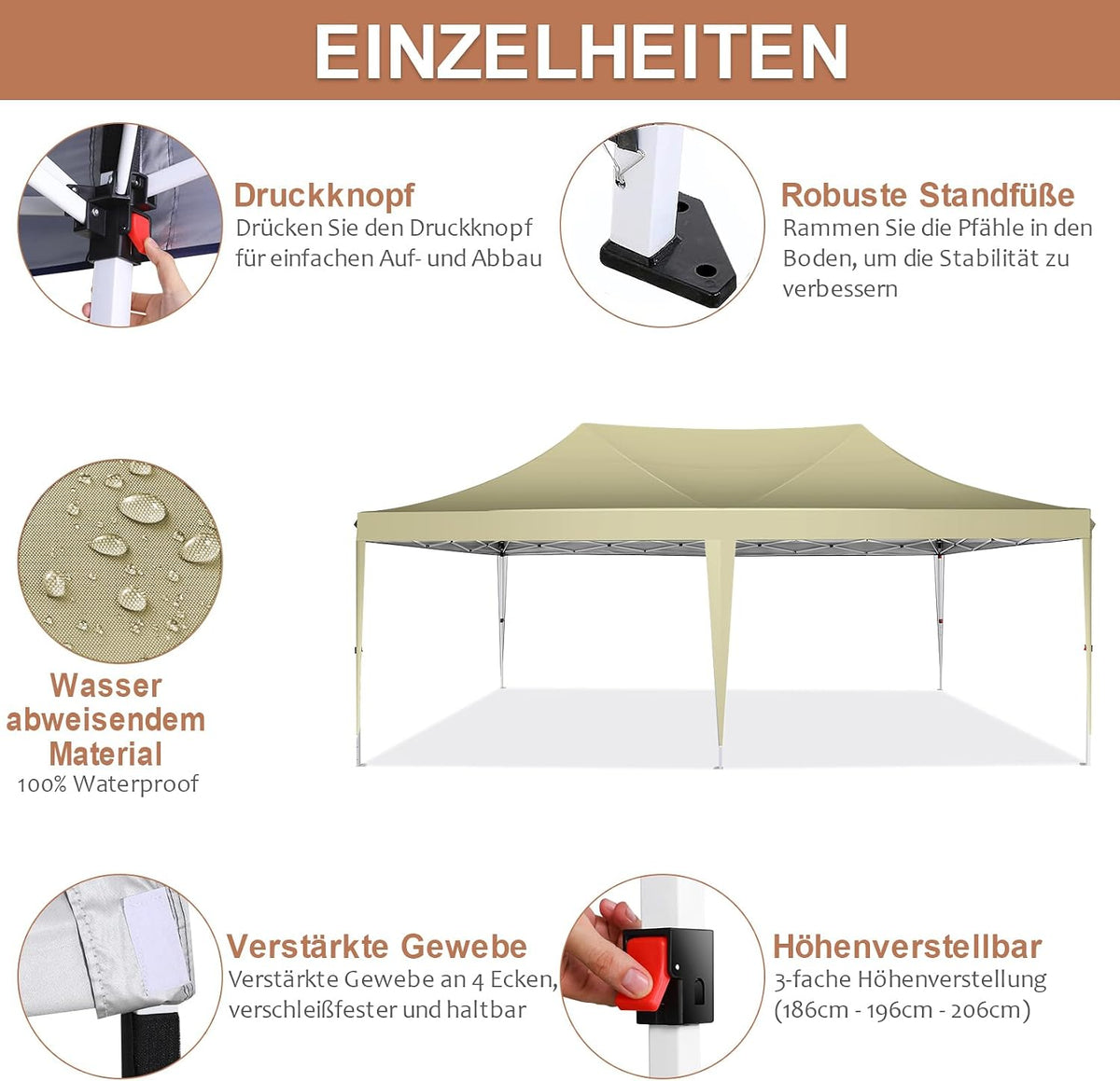 COBIZI 10x20 Pop up Canopy Tent with 6 Sidewalls, Easy Set up Canopy Tents Gazebos for Parties with Metal Frame, Waterproof & UV50+, Height Adjustable, Potable Carry Bag (Khaki)
