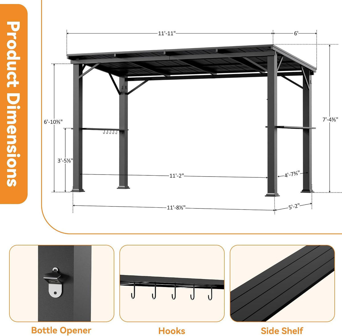 Covered Outdoor Grill Gazebo 6'x12'with Side Shelf, Outdoor Hardtop Gazebo with Bottle Opener & Hooks, Grill Canopy with Sturdy Rustproof Design for Backyard, Garden, Patio,Black