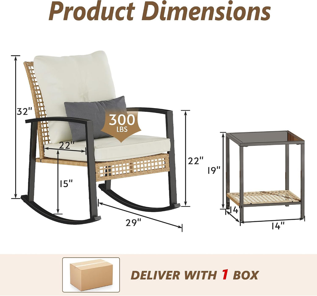 3 Piece Patio Rocking Chairs Set of 2, Outdoor Rocking Chair Bistro Set with Tempered Glass Coffee Table and Thick Lumbar Pillow Set, Front Porch Chairs for Garden, Backyard, Poolside (Beige)