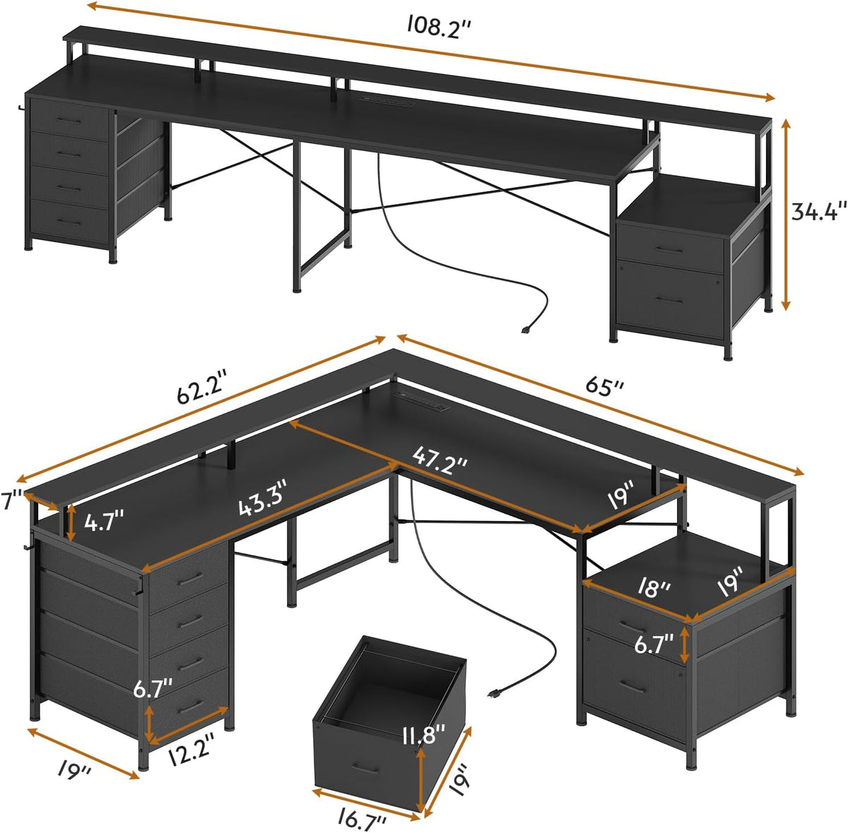 SEDETA L Shaped Desk with 6 Drawer, 108' Home Office Desk with File Drawer & Power Outlet, Corner Computer Desk with Monitor Shelf, File Cabinet, Two Person Desk, Gaming Desk with Led Lights, Black