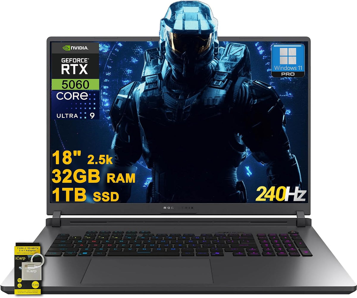 ASUS ROG Strix G18 G815 Gaming AI PC Laptop 18' 2.5k (2560x1600) 240Hz (100% DCI-P3, 3ms) Intel 24-core Ultra 9 275HX 32GB RAM 1TB SSD GeForce RTX 5060 RGB Backlit Wi-Fi7 Win11Pro ICP Hub/