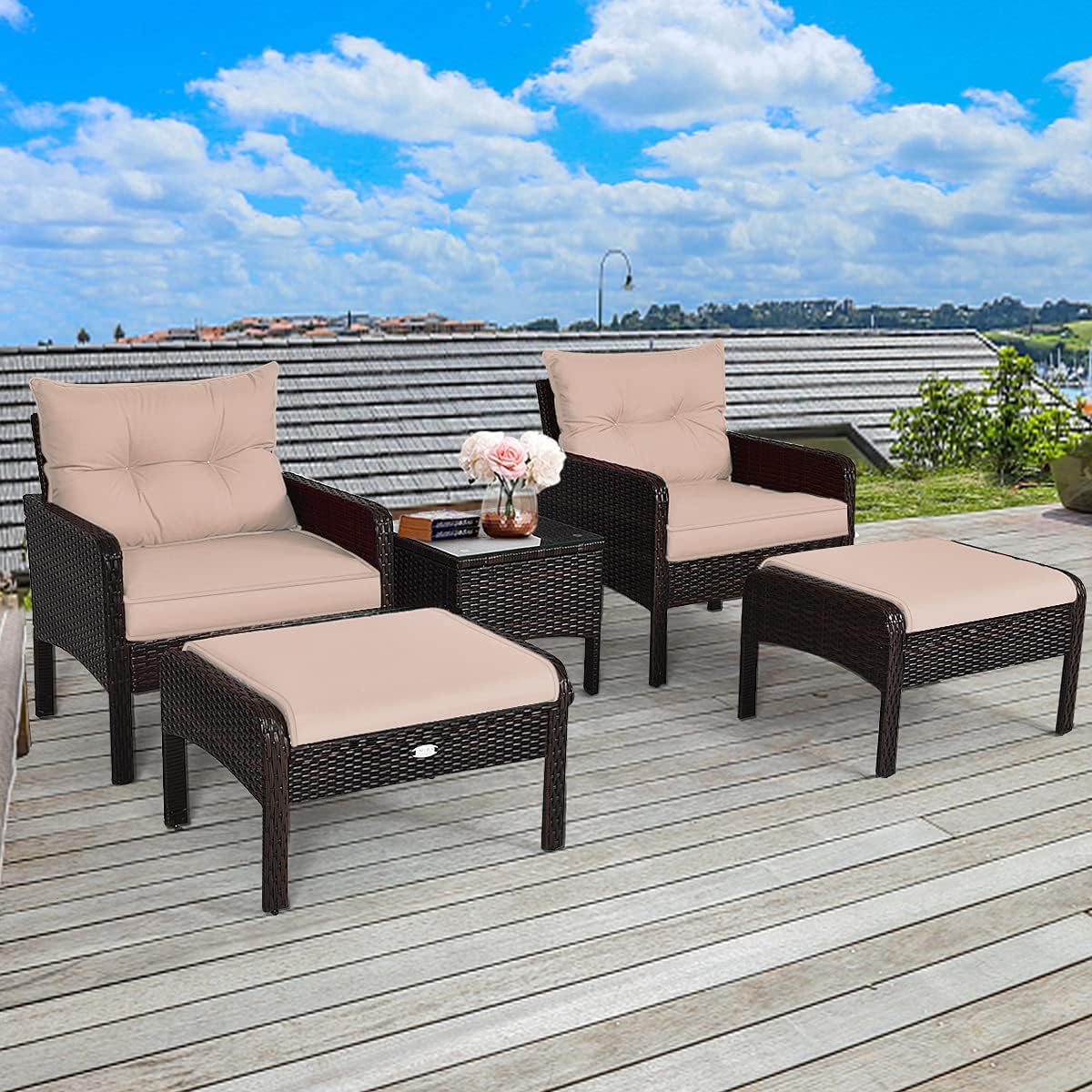HAPPYGRILL 5-Piece Patio Furniture Set Outdoor Rattan Wicker Conversation Set with Coffee Table Cushioned Sofas and Ottoman Chat Set for Garden Backyard