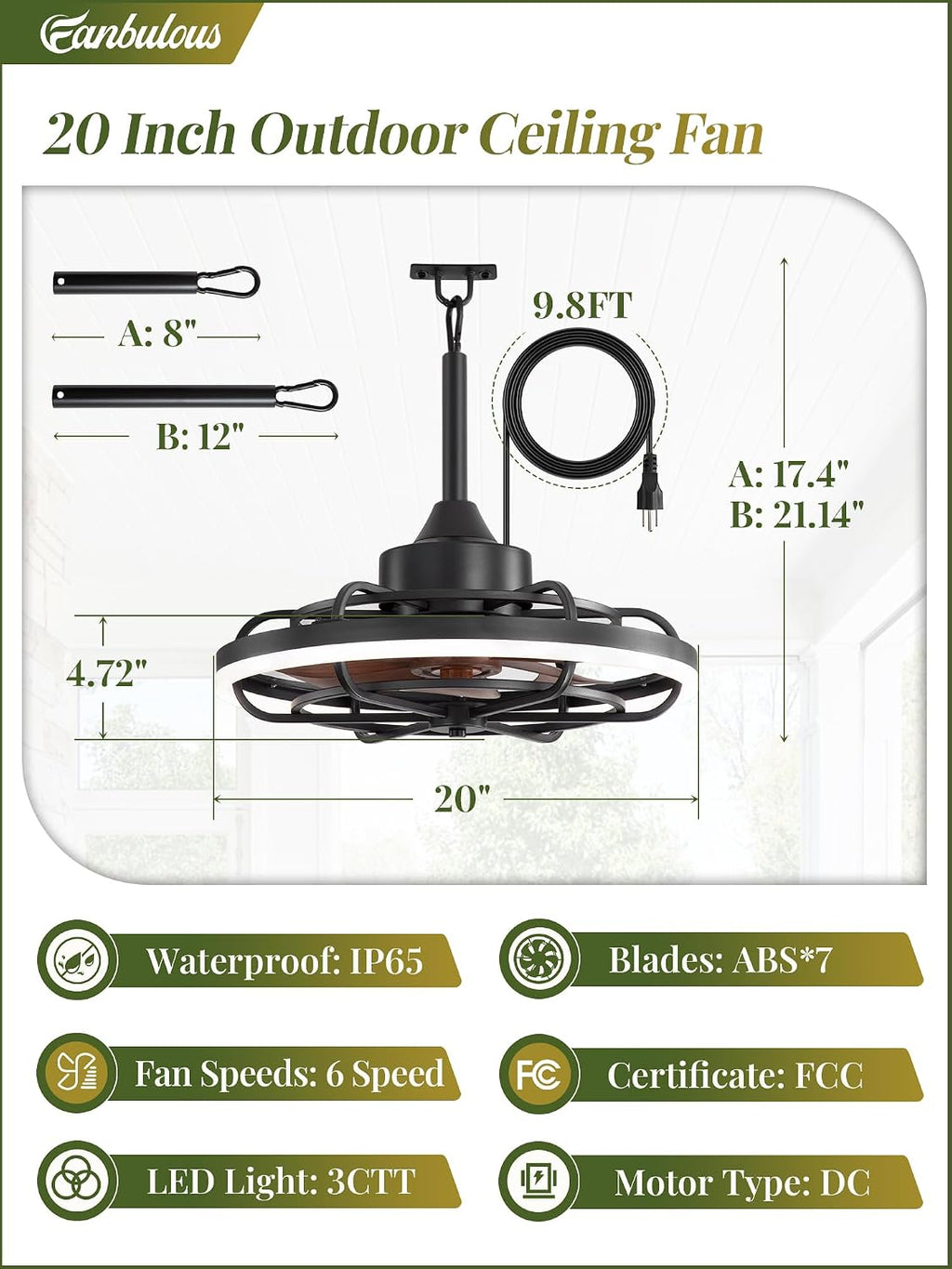 Fanbulous Outdoor Ceiling Fans with Light for Patios, 20' Weatherproof Plug in Ceiling Fan, Gazebo Fan Remote&APP Control, 3CCT Dimmable,Caged Ceiling Fan with Hanging Hook for Porch, Pergola,Canopy