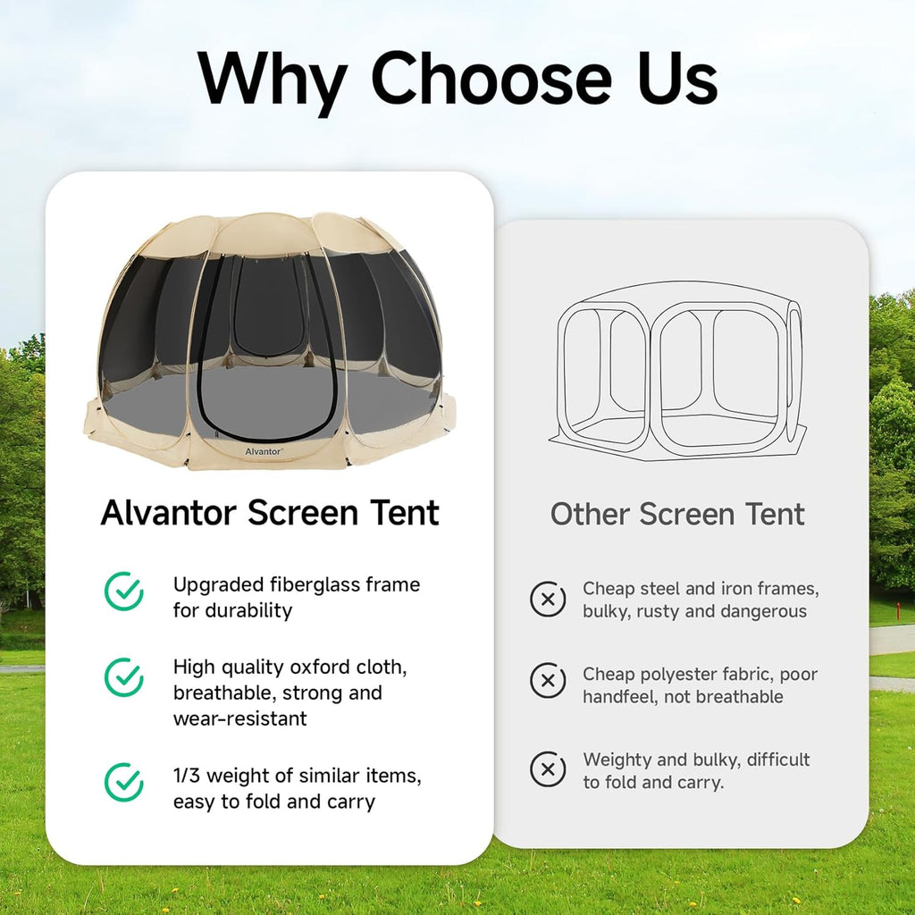 Alvantor® Screen House Room Camping Tent Outdoor Canopy Pop Up Sun Shade Shelter 10 Mesh Walls Not Waterproof Beige 15'x15' Patent Pending