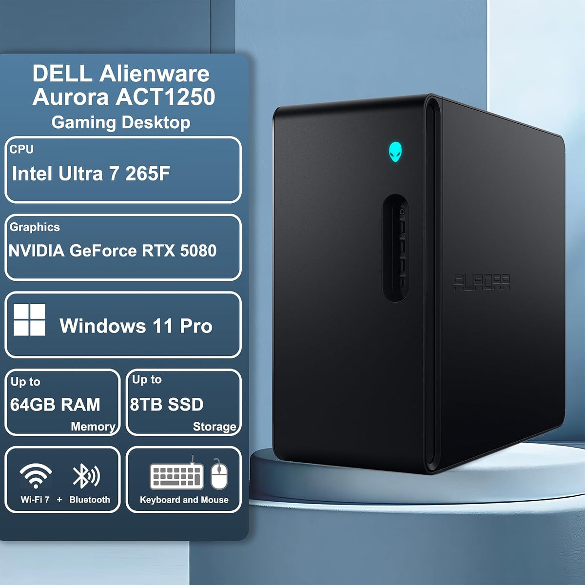 Dell Alienware Aurora ACT1250 Gaming Desktop Intel 20-core Ultra 7 Series 2 265F 32GB DDR5 4TB SSD GeForce RTX 5080 16GB GDDR7 DLSS4 (Up to 1801 Tops) WiFi7 1000W PSU for Gaming AI PC Win11Pro