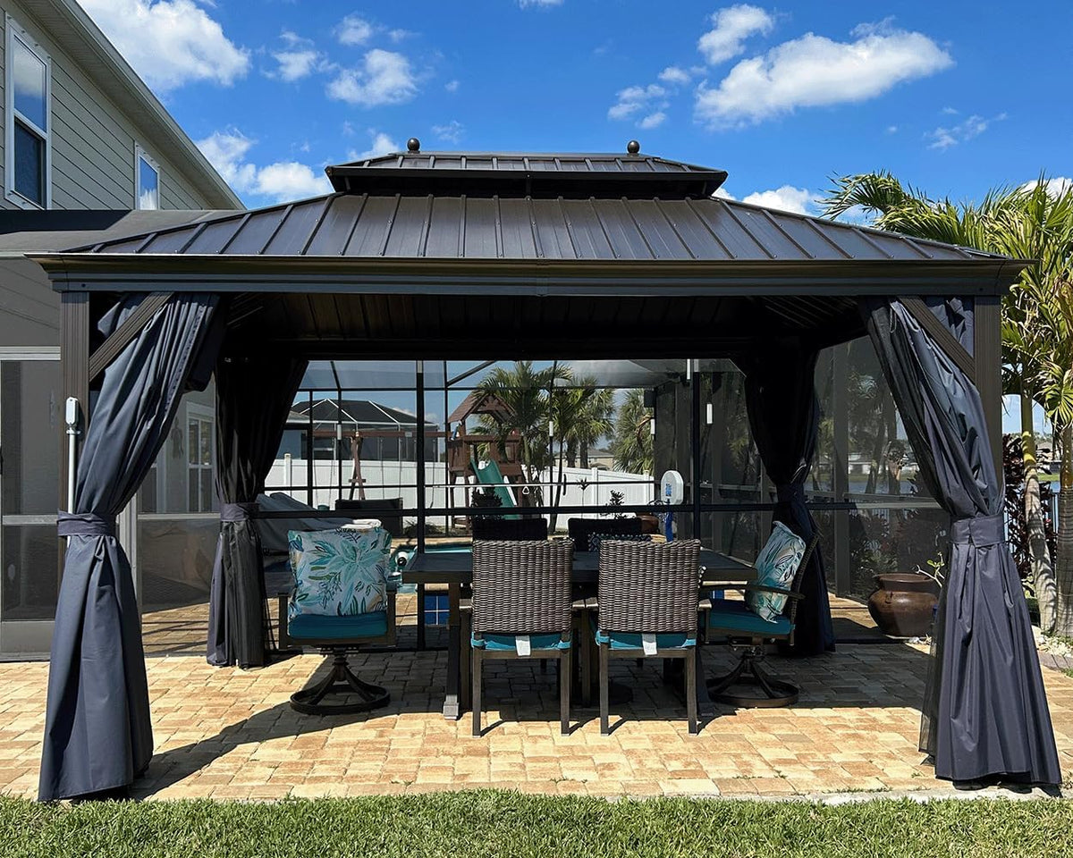 PURPLE LEAF 10' X 14' Permanent Hardtop Gazebo for Patio with Netting and Curtains Deck Backyard Heavy Duty Sunshade Metal Roof All Weather Outdoor Pavilion Canopy