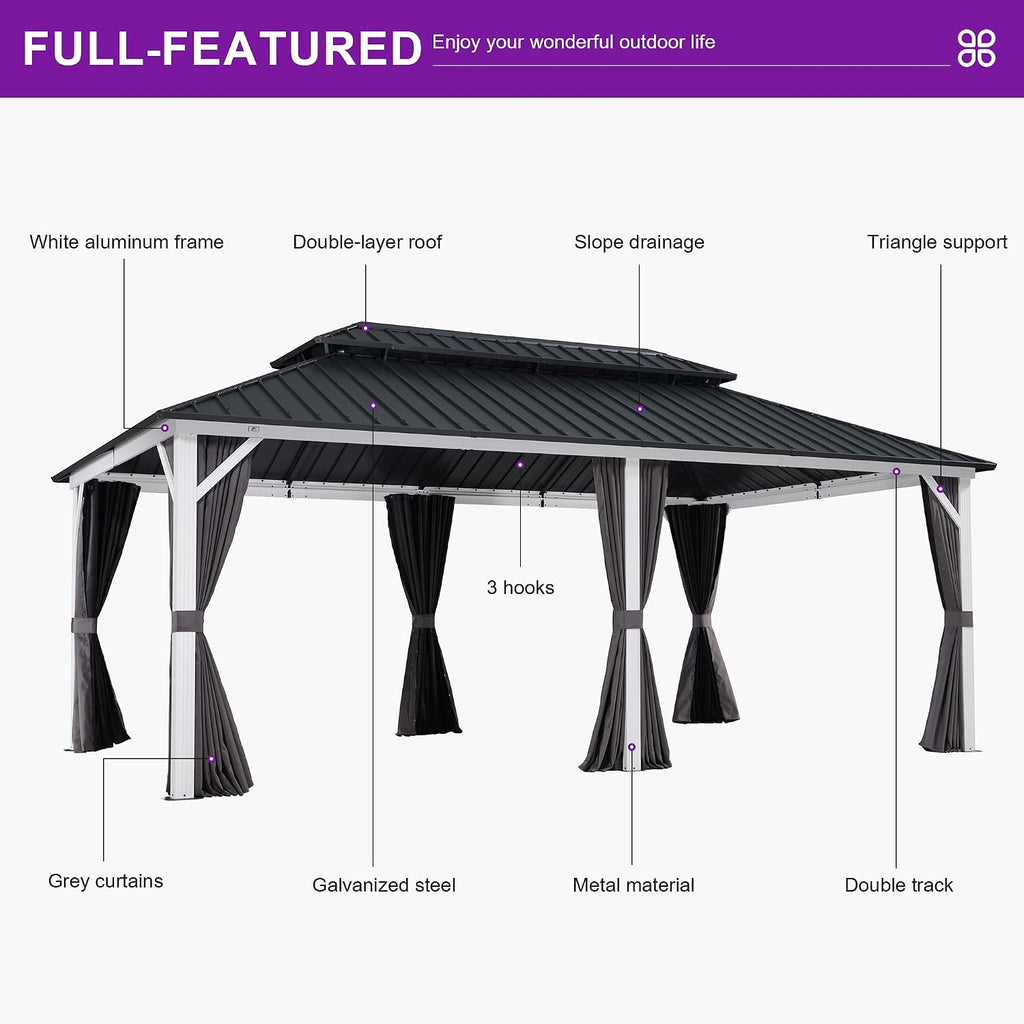 PURPLE LEAF 12' X 20' Hardtop Gazebo Metal Double Roof White Aluminum Frame Outdoor Heavy Duty Gazebo with Curtain and Netting for Patio Garden and Backyard, Grey