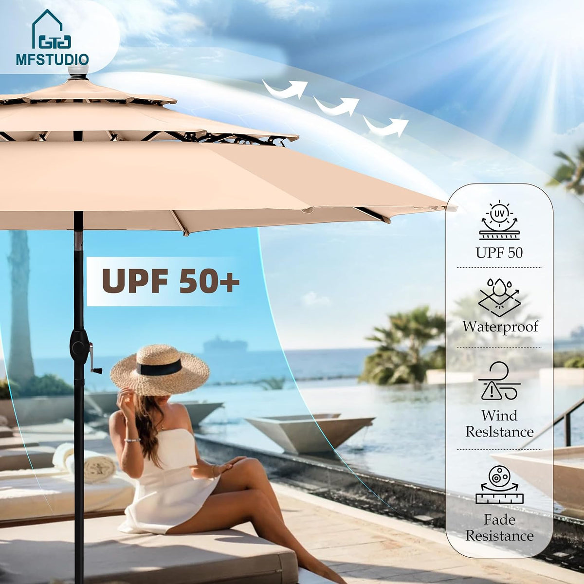 MFSTUDIO Patio Dining Set for 4, Outdoor Furniture Set with Beige Umbrella (Base not Included), 42' Round Table and 4 Swivel Chairs for Patio, Deck, Backyard, Garden