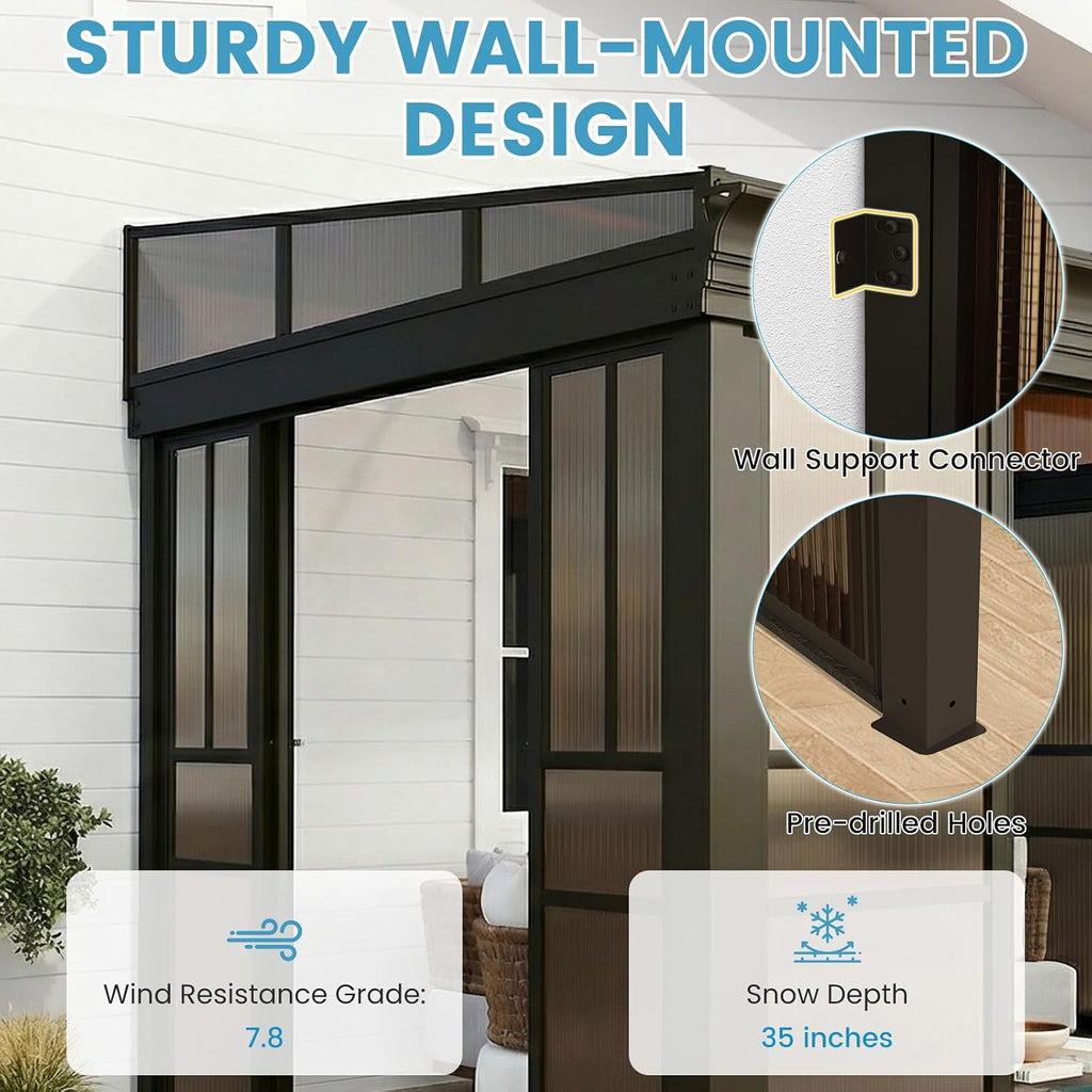 EROMMY 8x12 Lean-to Sunroom Gazebo, Enclosed Patio Shelter with Sliding Doors, Polycarbonate Roof and Brown-Tinted Panels, Aluminum Frame for Backyard