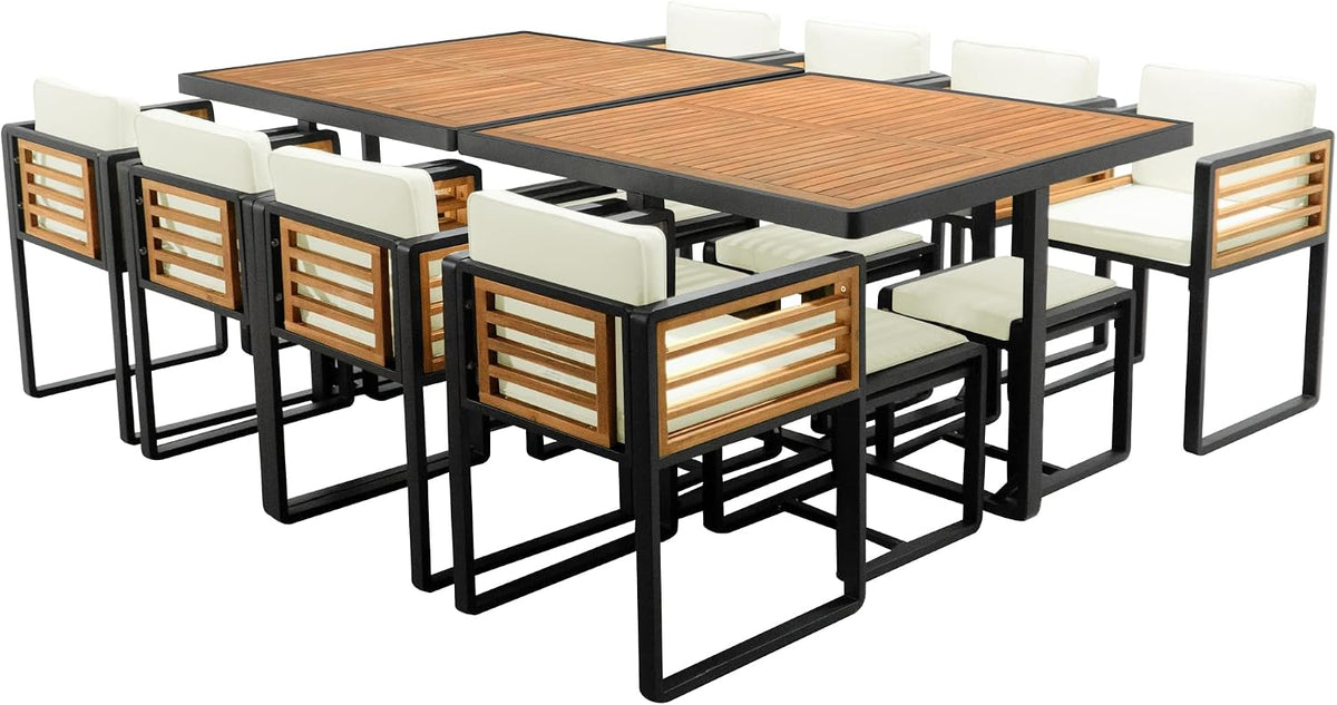 Merax 18 Pieces Outdoor Dining Set for 16 People, Acacia Wood Patio Furniture Sets with 2 Square Tables, 8 Cushioned Chairs and 8 Ottomans for Backyard, Garden, Lawn, Poolside, Beige