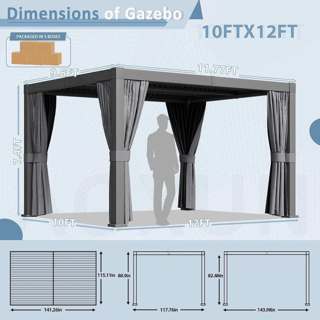 Aoxun Louvered Pergola 10 x 12ft Outdoor Aluminum Pergola with Adjustable Roof for Gardens, Decks and Backyards, Gray