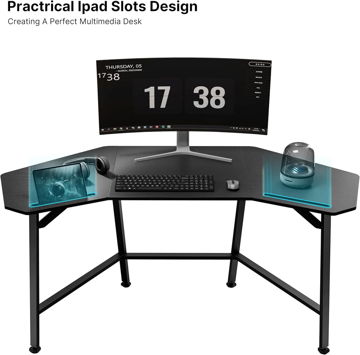 EUREKA ERGONOMIC Gaming Desk Wing-Shaped Desks,63 inch Computer Desk Table for Work Home Office,Ergonomic Studio Desk Gamer Workstation for Live & Streamer with Mousepad,Black