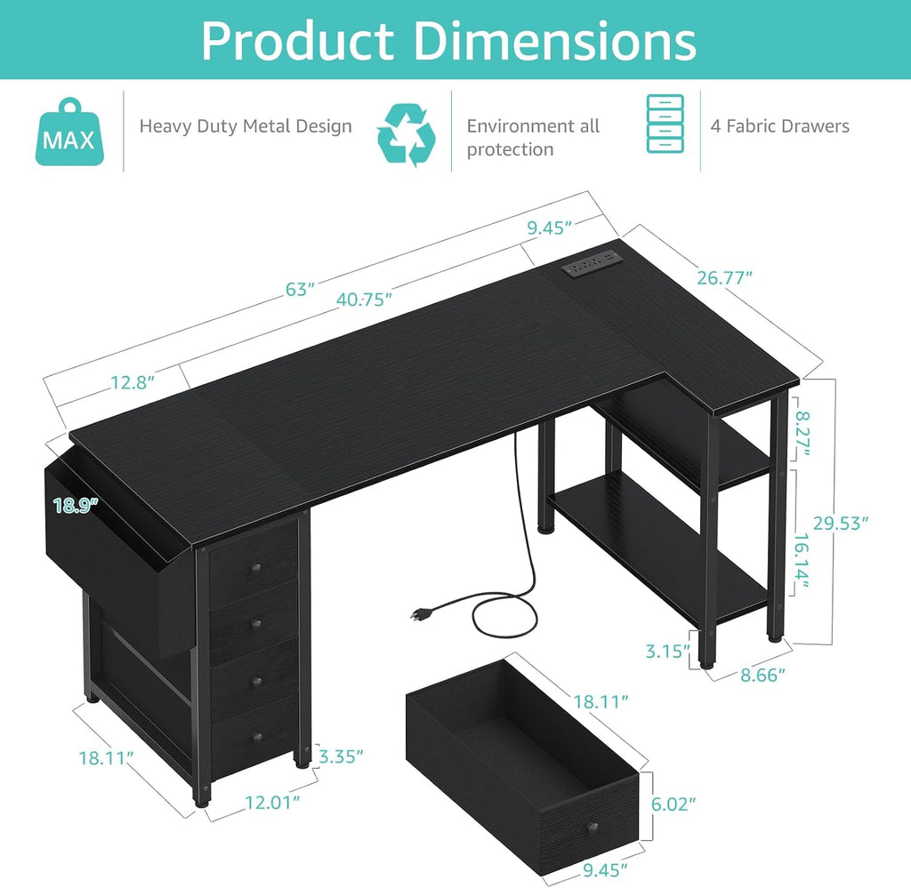Lufeiya L Shaped Gaming Desk with Drawers & Storage Shelves, 63 Inch Corner Computer Desk with Power Outlet for Home Office Bedroom, L-Shaped Teen PC Desks with Fabric Drawer, Black