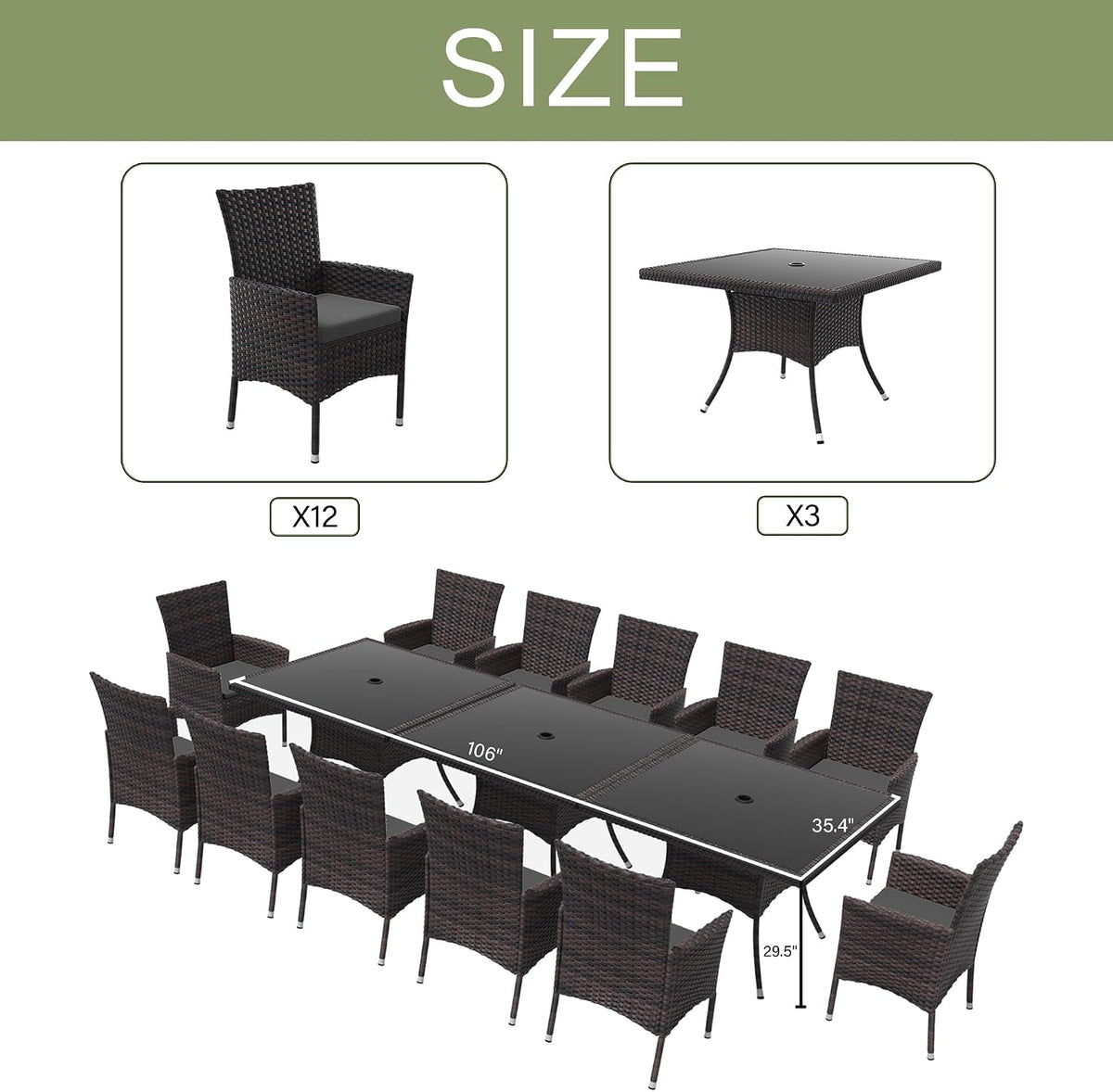 Kurapika 15-Piece Patio Furniture Outdoor Dining Set, Wicker Rattan Patio Dining Table and Chairs Set, Square Tempered Glass Tabletop with Umbrella Hole and 12 Chair Set, Grey