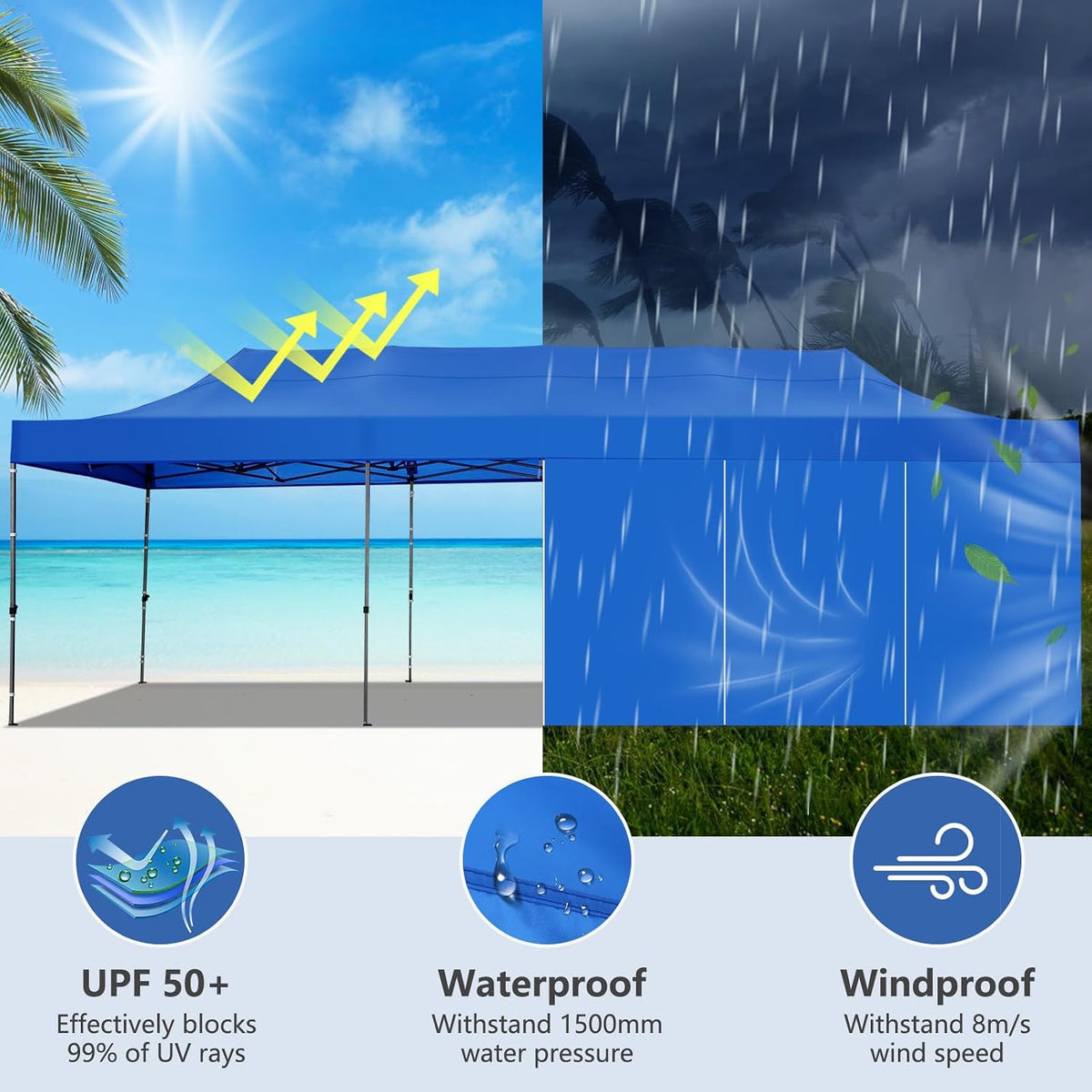 COBIZI 10x30 Heavy Duty Pop Up Canopy Tent with 8 Sidewalls Thicken Frame, Commercial Easy Up Outdoor Wedding Party Tents, All Season Waterproof Windproof with Stakes Sandbags Ropes Roller Bag, Blue