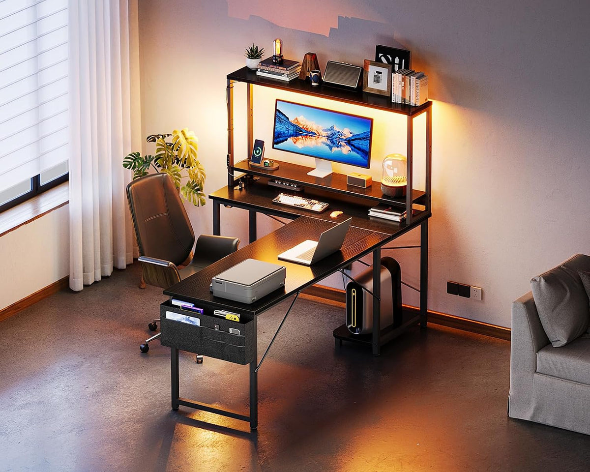 ODK 61 Inch L Shaped Desk with LED Lighting, Reversible Gaming Desk with Power Outlets, Cornor Computer Table with Storage Shelves & Bag & Iron Hook, Home Office Table for Writing, Study, Black