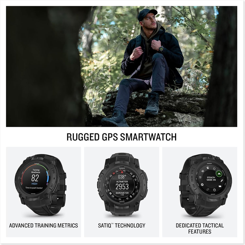 Garmin Instinct 3 Tactical Edition AMOLED 50mm Display, Rugged Outdoor GPS Smartwatch Bundle with USB Wall Charger + Microfiber Cleaning Cloth
